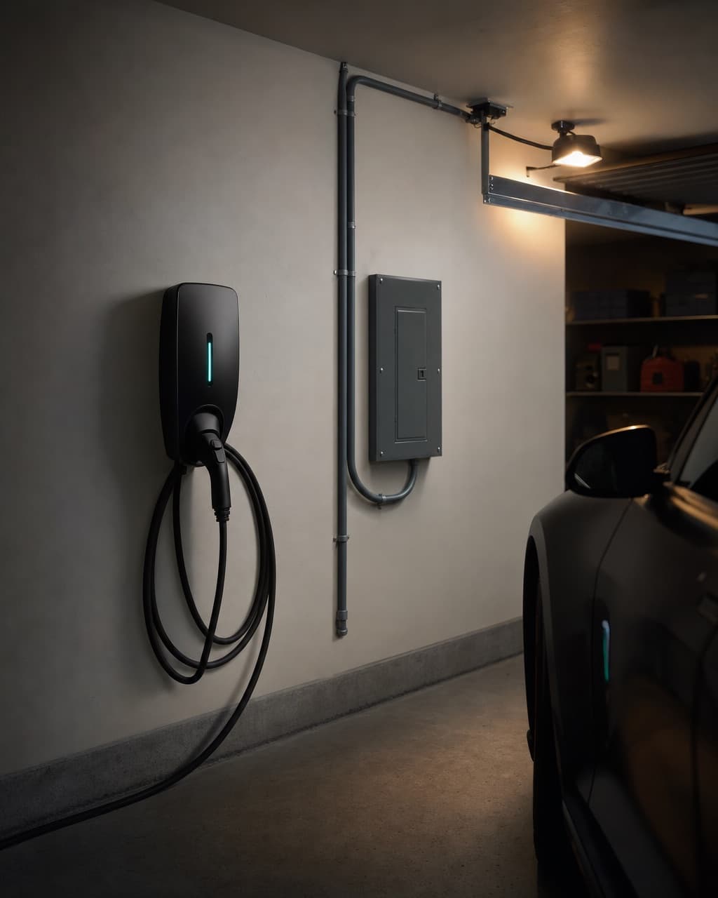 A charging unit in a clean attached garage with conduit running to the panel