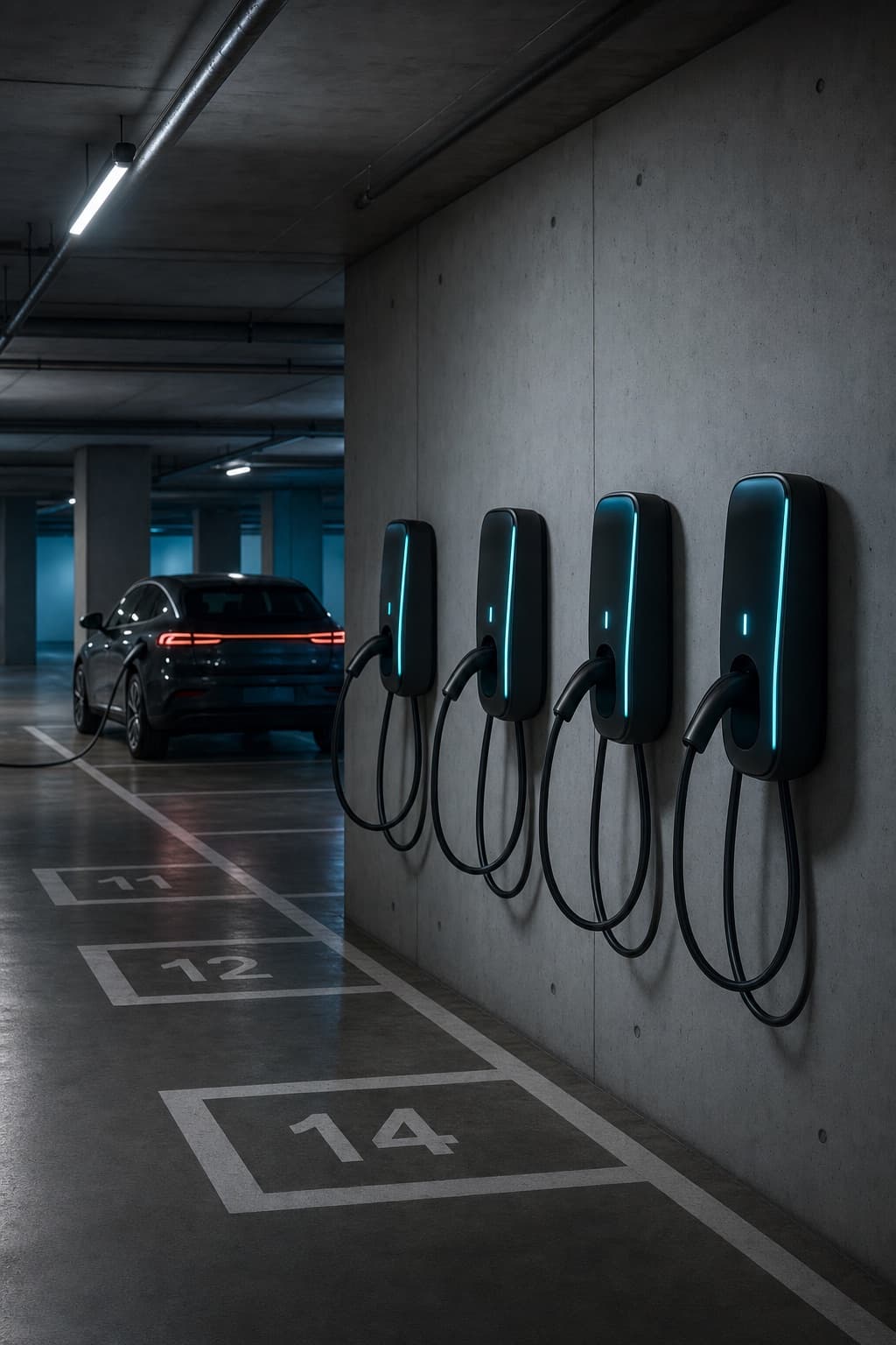 Four wall-mounted chargers along a concrete pillar wall in an underground apartment garage