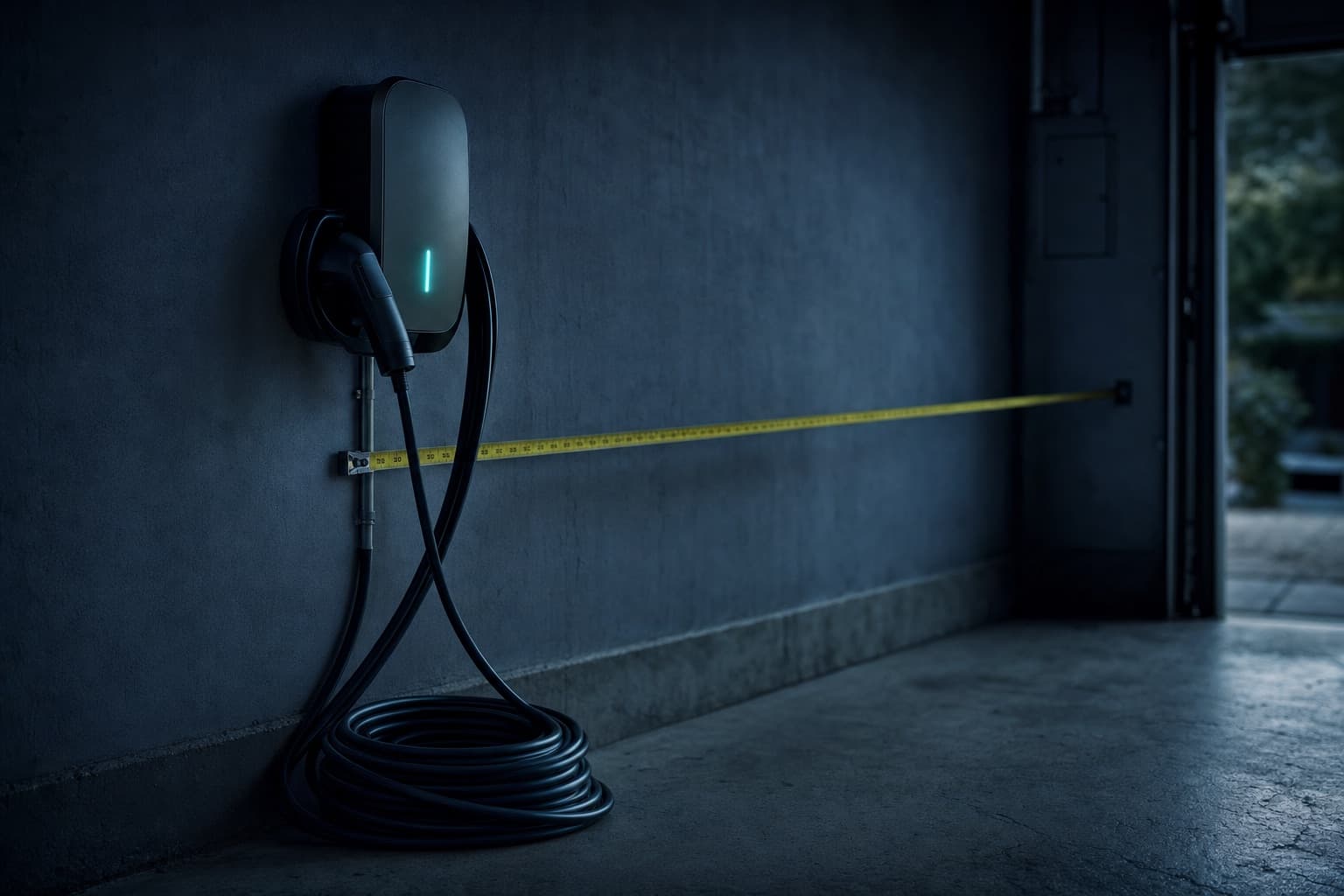 A newly mounted charger with a coil of unused cable on the garage floor beneath it