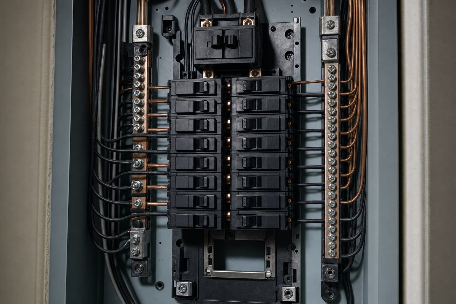 An open residential panel with a double-pole breaker installed and two slots left empty